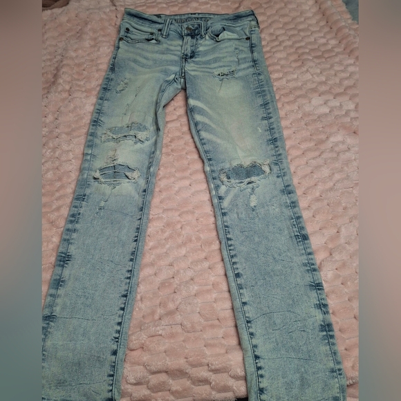 American Eagle Outfitters Light Blue Distressed Skinny Jeans- Mens Sz 28x30 - Picture 2 of 9